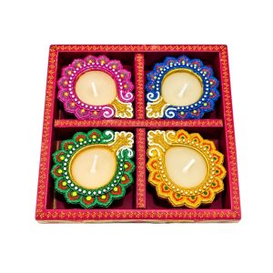 Decorated Fancy Clay Waxed Lamp/Diya – Box of 4